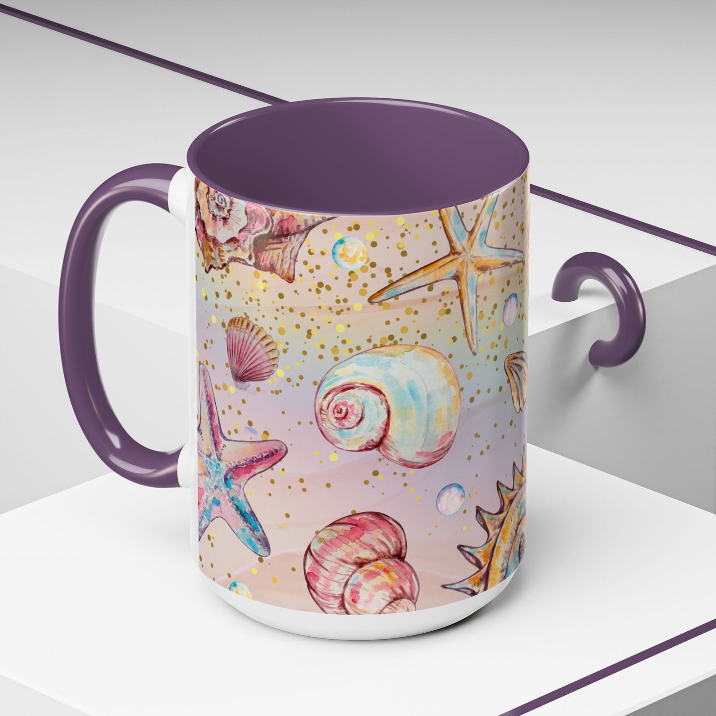 Beach-Themed Accent Coffee Mug - Vibrant Shells and Stars Design