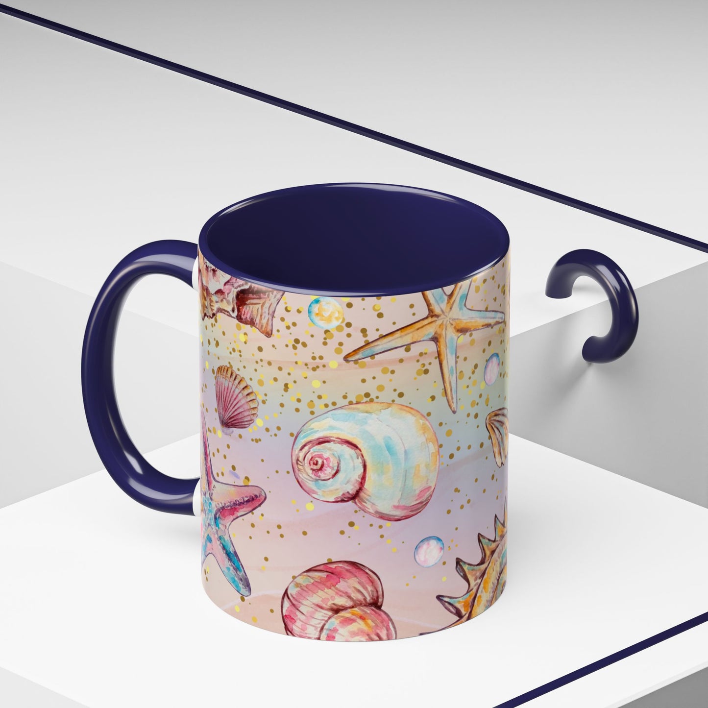 Beach-Themed Accent Coffee Mug - Vibrant Shells and Stars Design