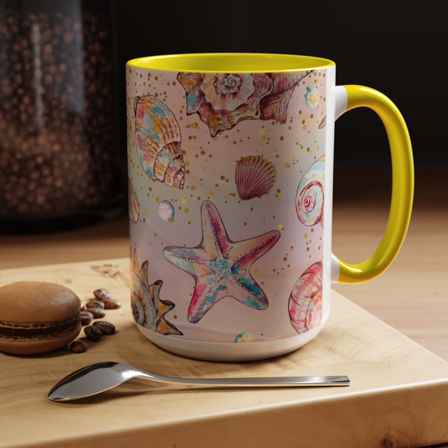 Beach-Themed Accent Coffee Mug - Vibrant Shells and Stars Design