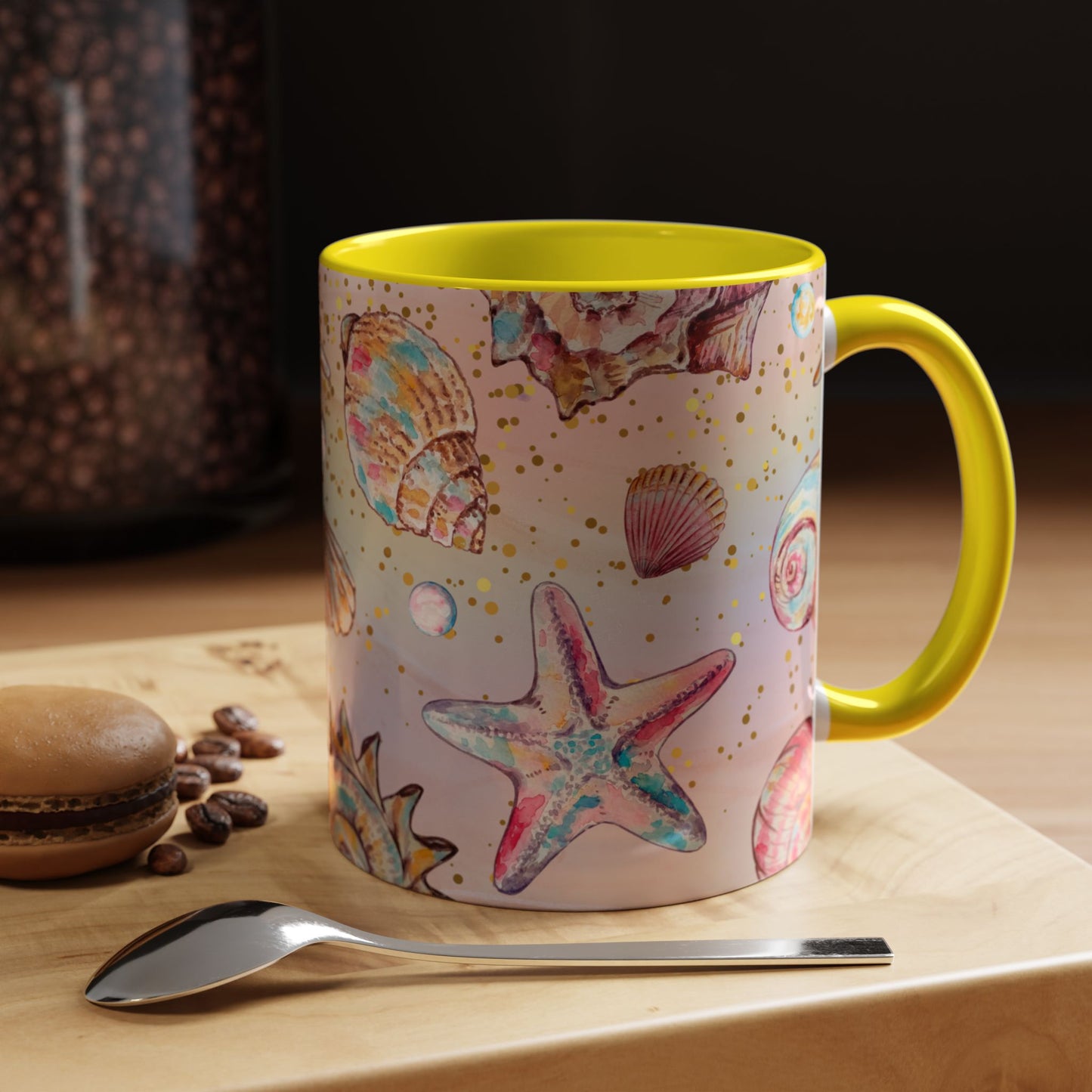 Beach-Themed Accent Coffee Mug - Vibrant Shells and Stars Design