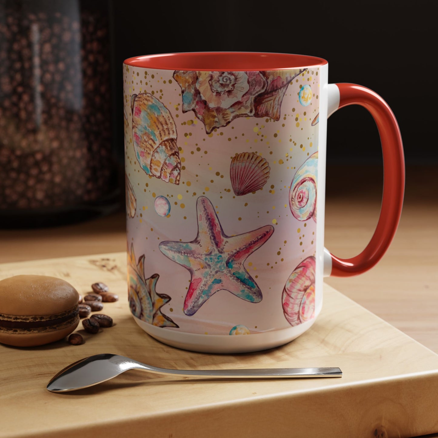 Beach-Themed Accent Coffee Mug - Vibrant Shells and Stars Design