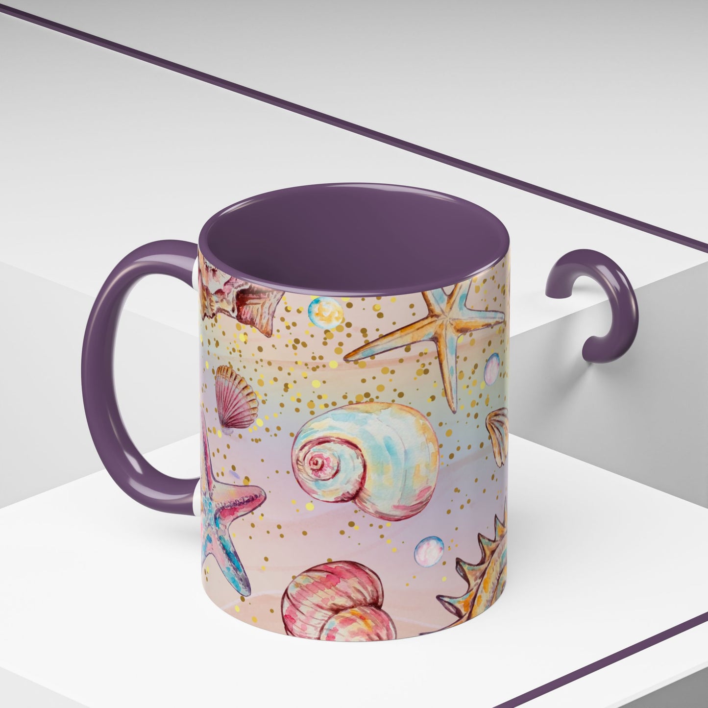 Beach-Themed Accent Coffee Mug - Vibrant Shells and Stars Design