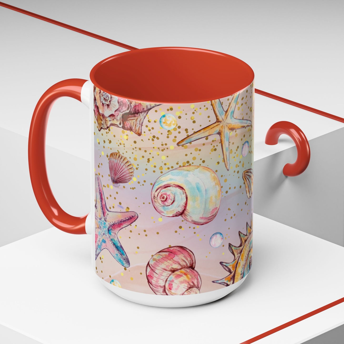 Beach-Themed Accent Coffee Mug - Vibrant Shells and Stars Design