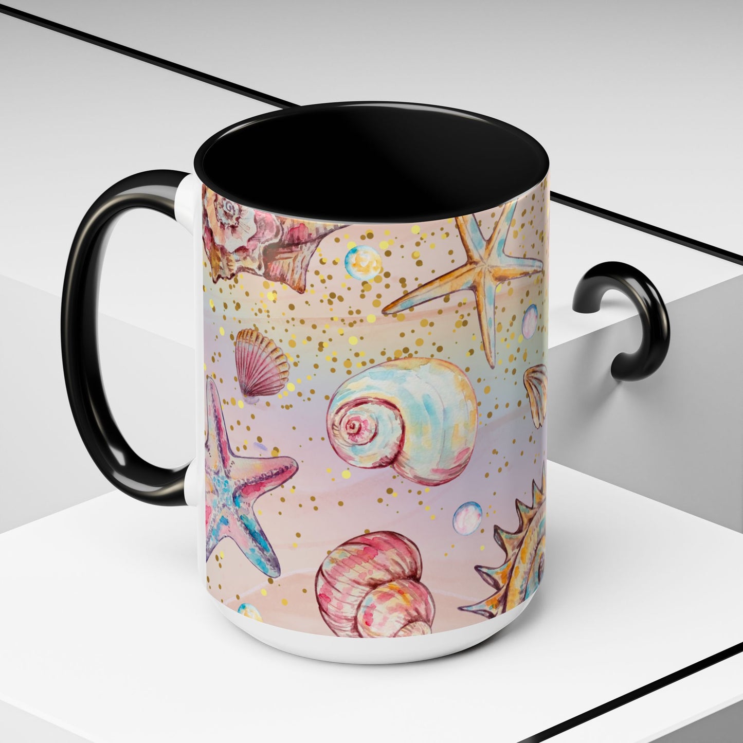 Beach-Themed Accent Coffee Mug - Vibrant Shells and Stars Design