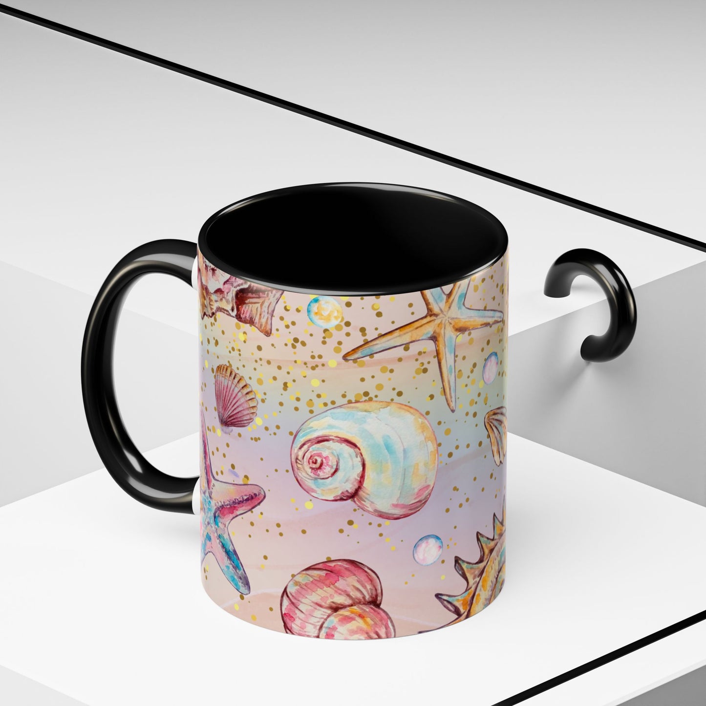 Beach-Themed Accent Coffee Mug - Vibrant Shells and Stars Design