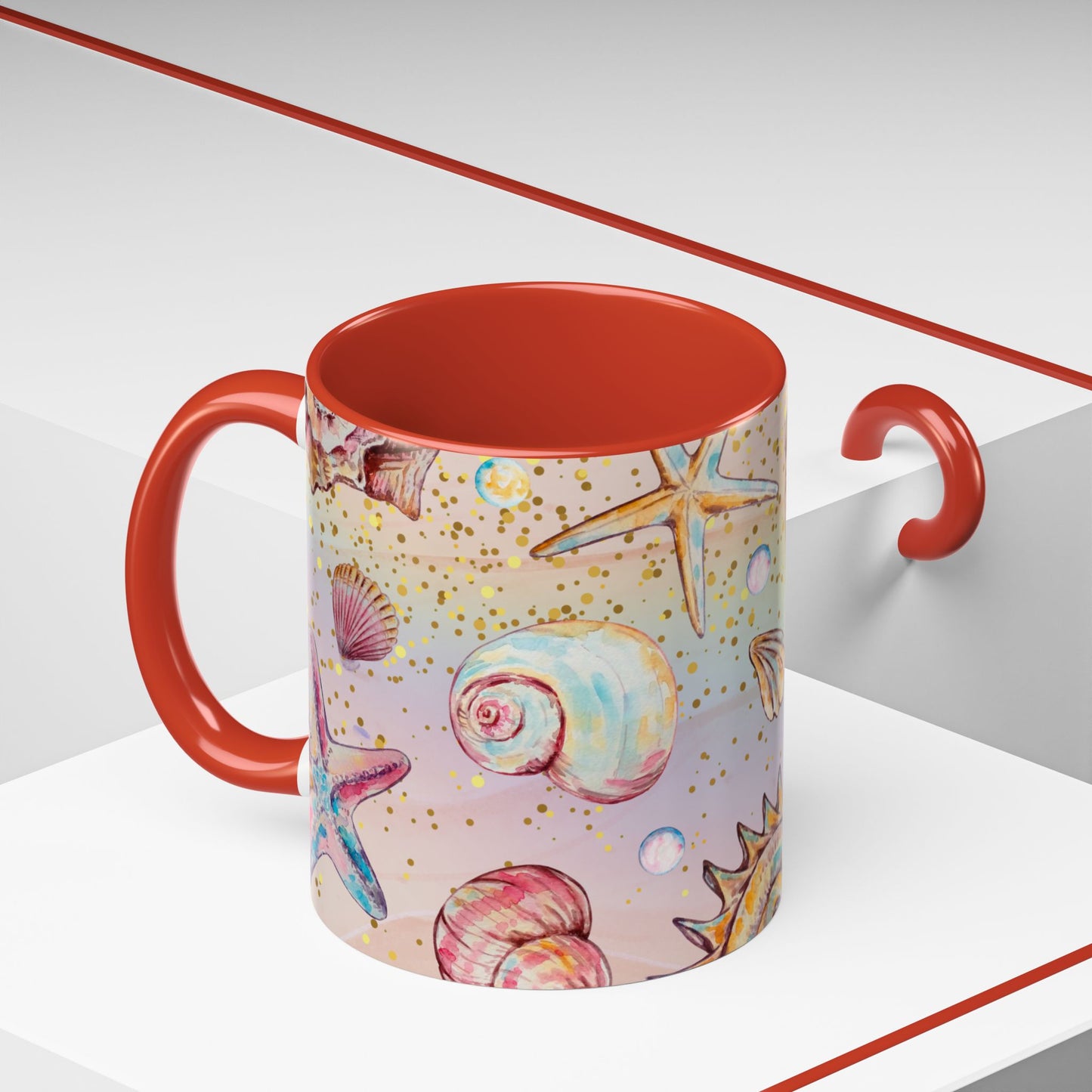 Beach-Themed Accent Coffee Mug - Vibrant Shells and Stars Design