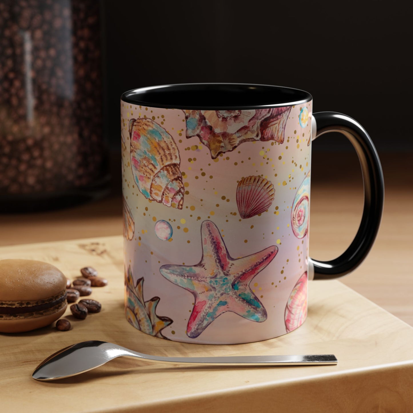 Beach-Themed Accent Coffee Mug - Vibrant Shells and Stars Design