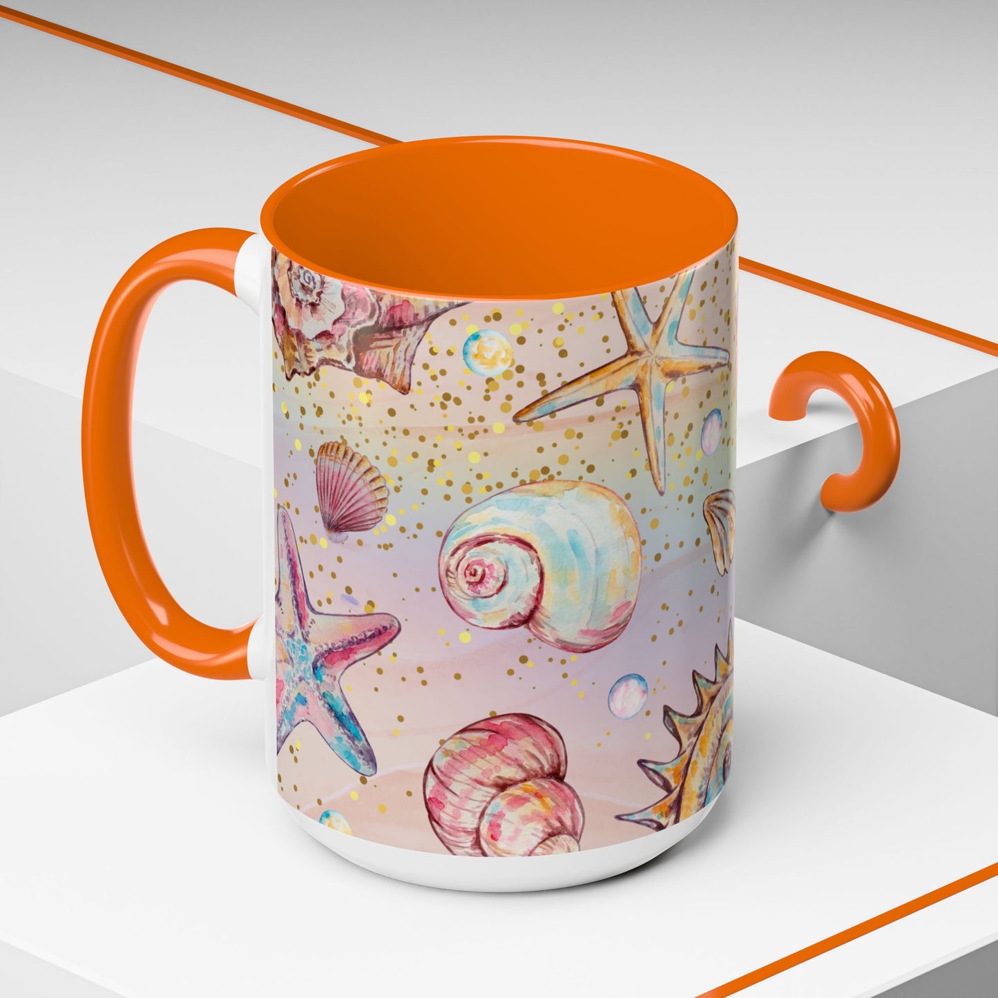 Beach-Themed Accent Coffee Mug - Vibrant Shells and Stars Design