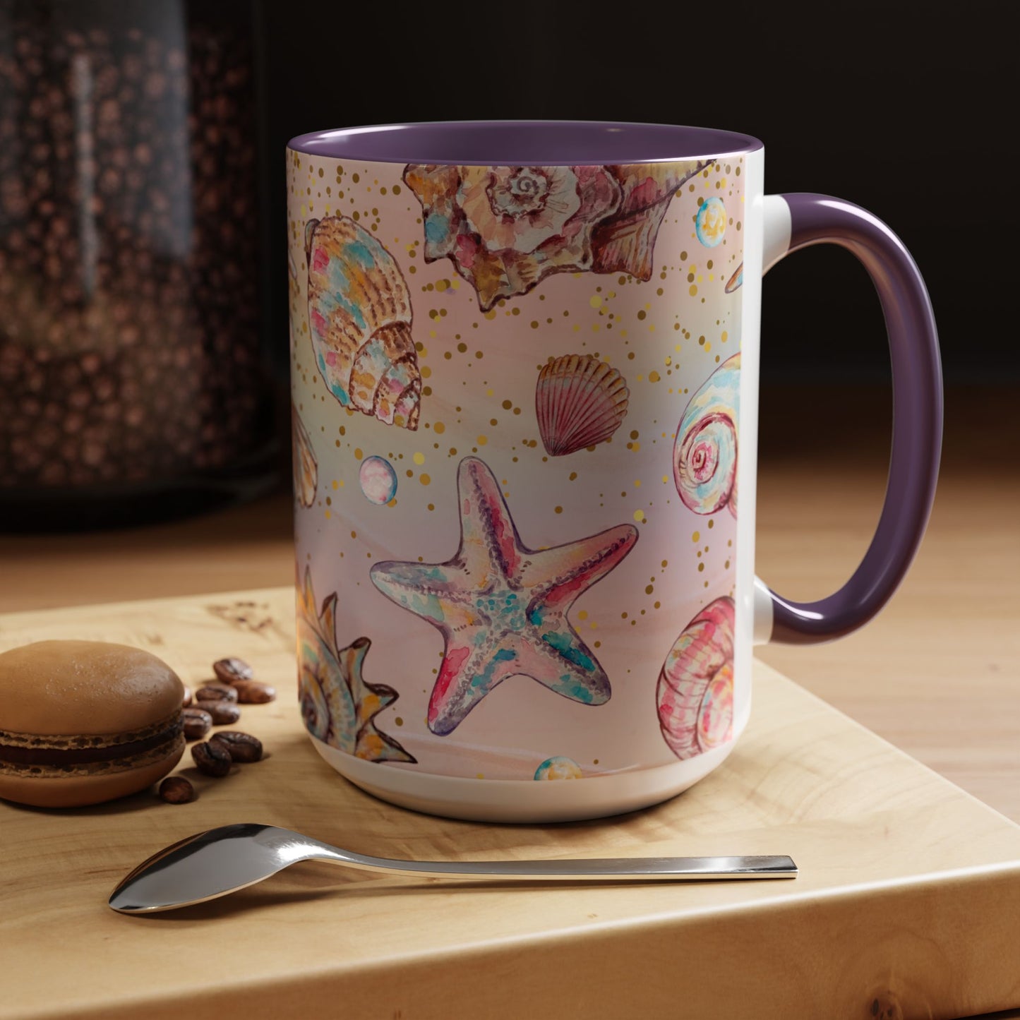 Beach-Themed Accent Coffee Mug - Vibrant Shells and Stars Design