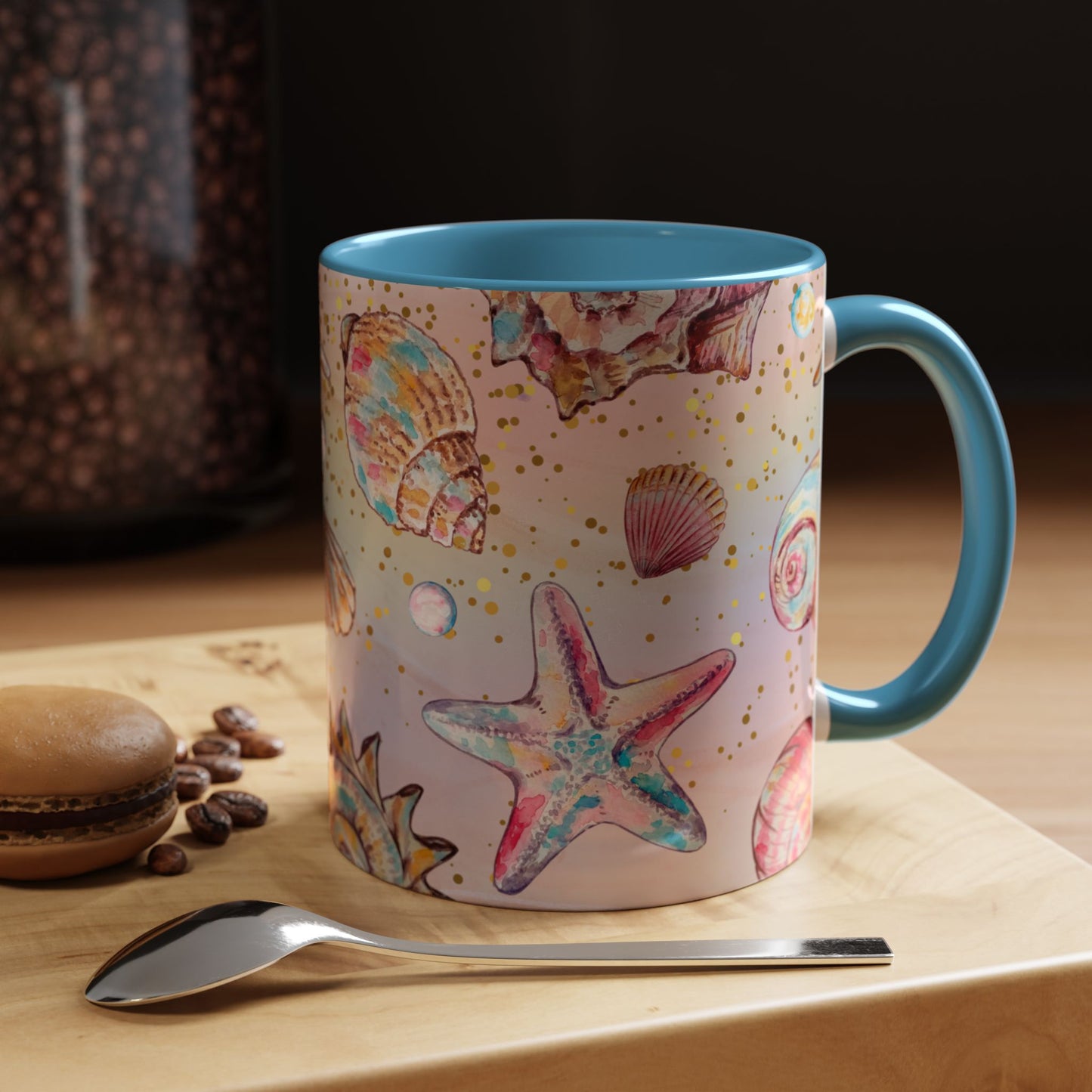 Beach-Themed Accent Coffee Mug - Vibrant Shells and Stars Design