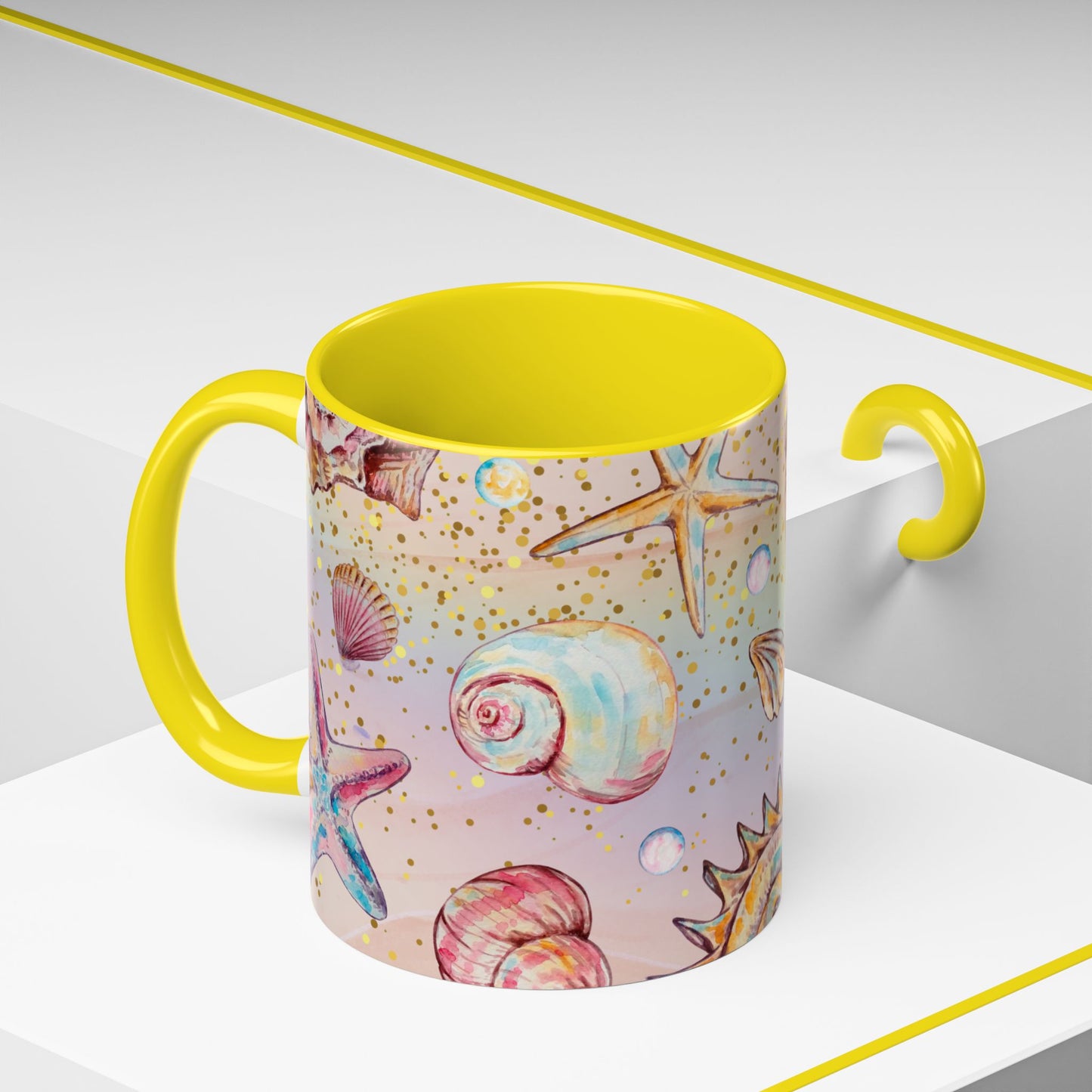 Beach-Themed Accent Coffee Mug - Vibrant Shells and Stars Design
