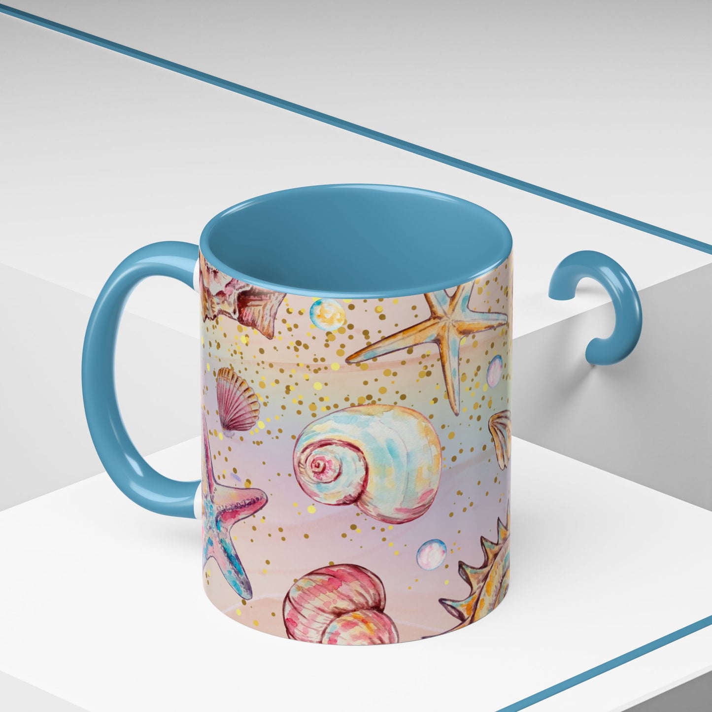 Beach-Themed Accent Coffee Mug - Vibrant Shells and Stars Design