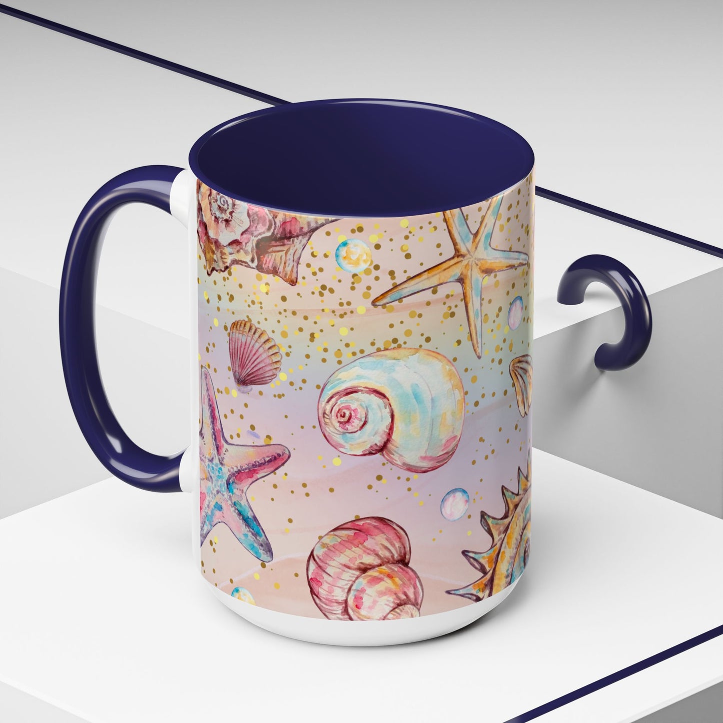 Beach-Themed Accent Coffee Mug - Vibrant Shells and Stars Design