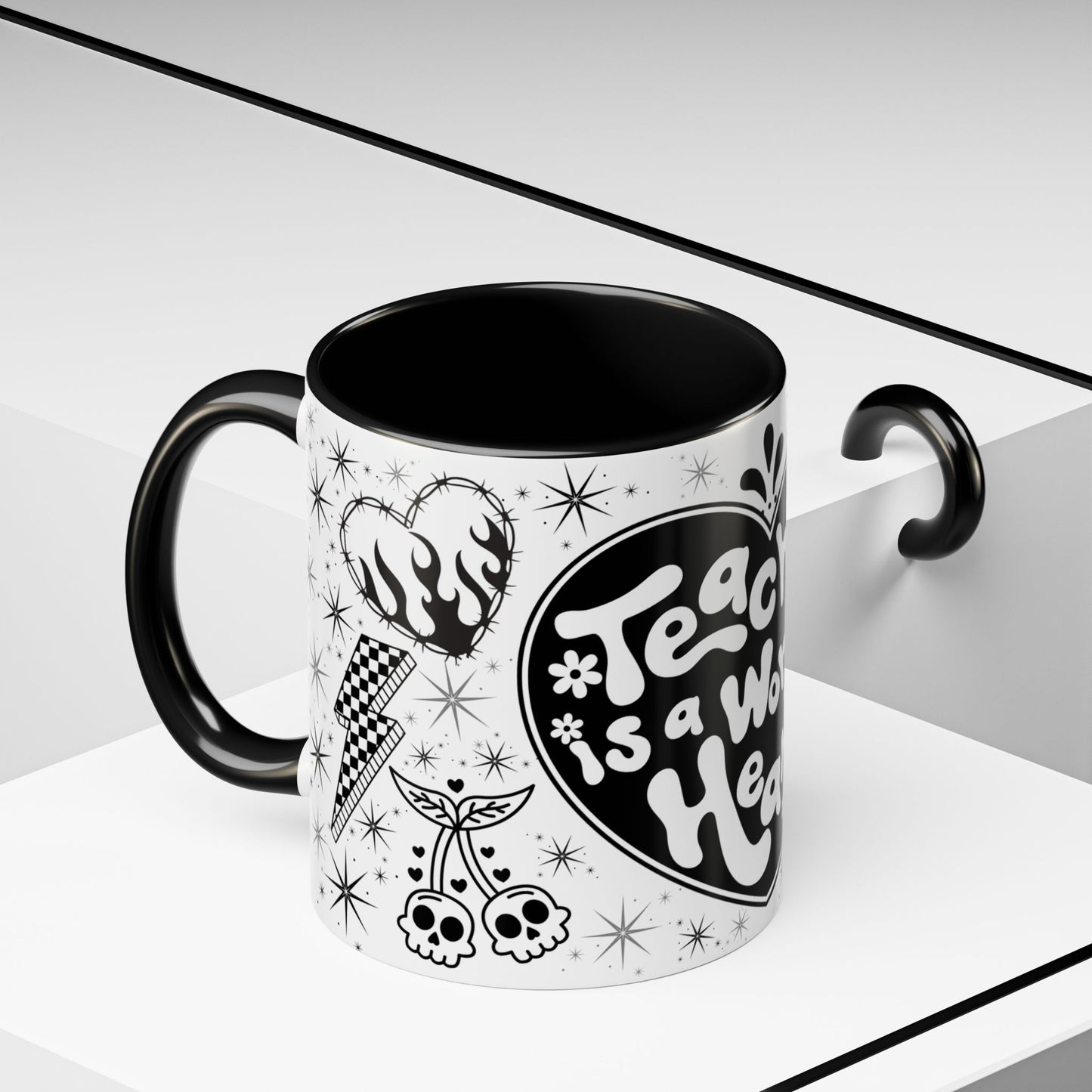 Teaching is a Work of Heart Coffee Mug - Black & White Accent Mug for Educators