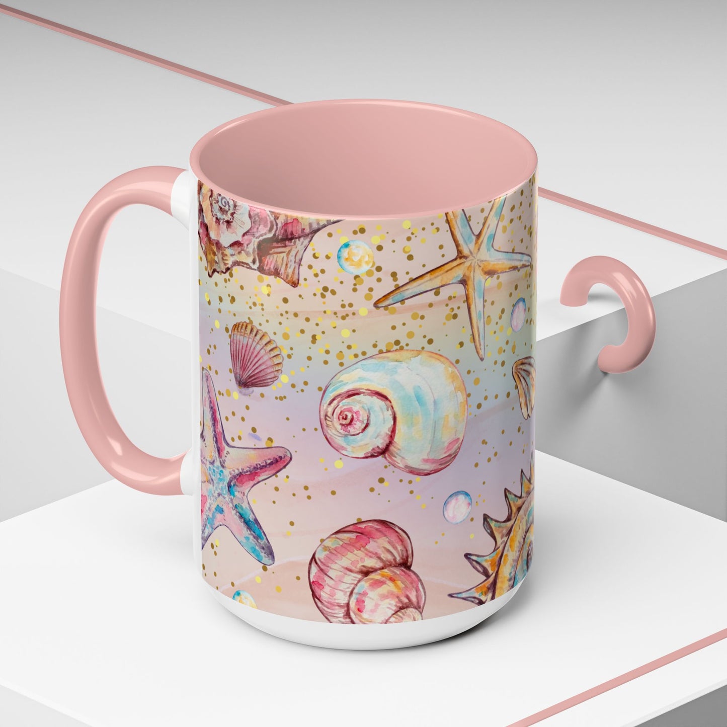 Beach-Themed Accent Coffee Mug - Vibrant Shells and Stars Design