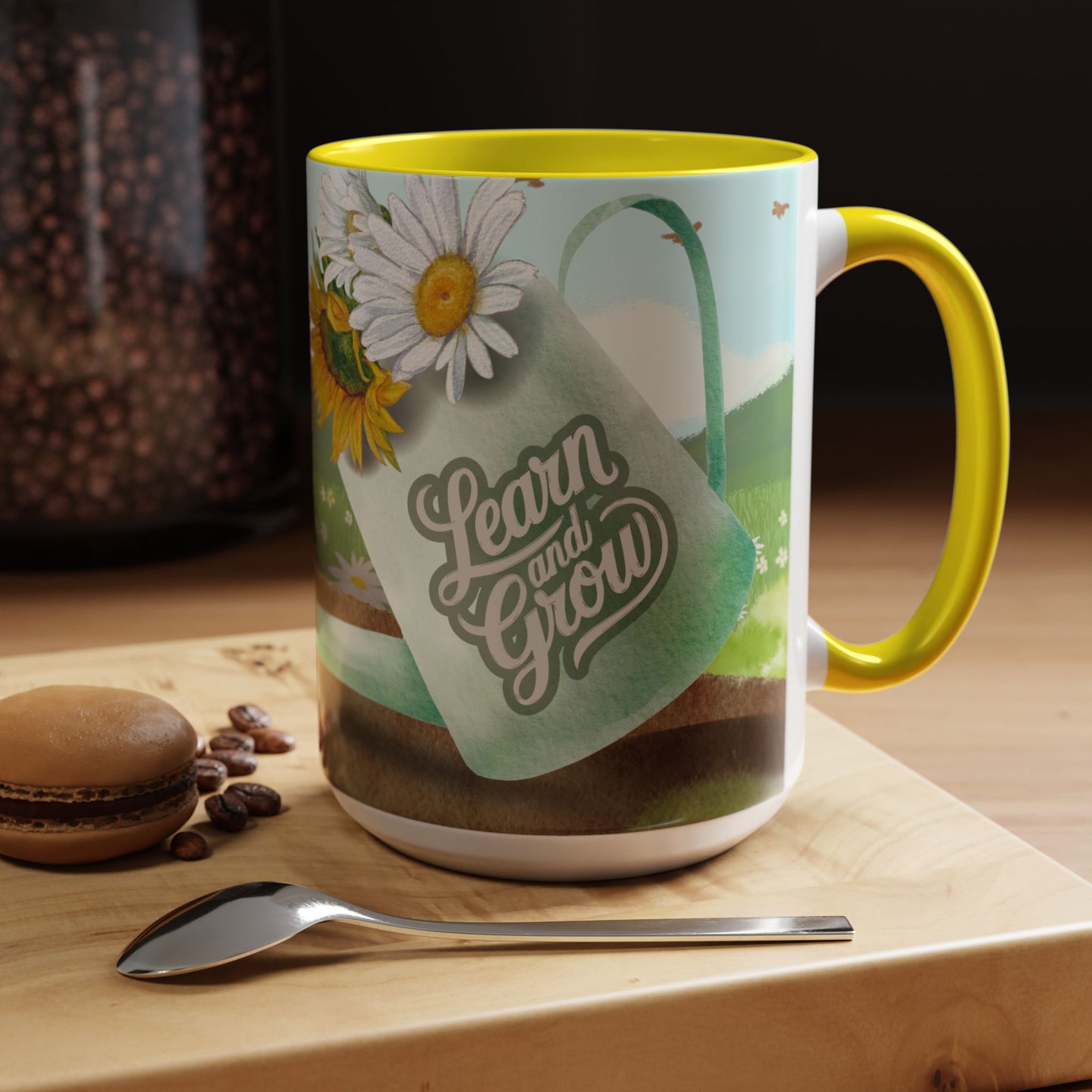 Learn and Grow Accent Coffee Mug - 11oz & 15oz | Nature-Inspired Design for Garden Lovers