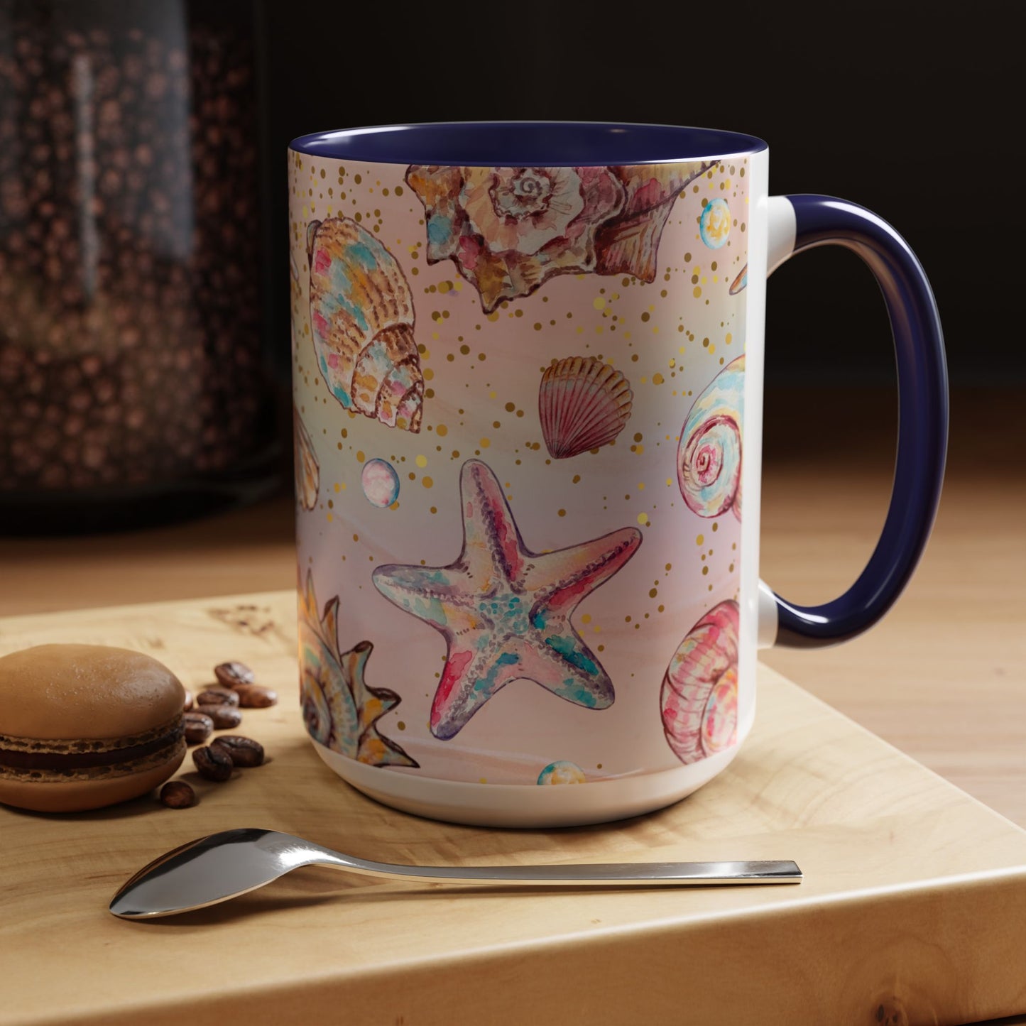 Beach-Themed Accent Coffee Mug - Vibrant Shells and Stars Design