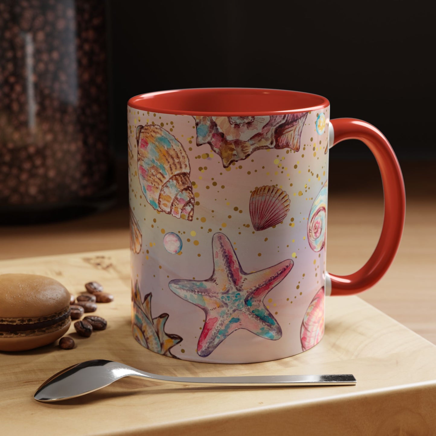 Beach-Themed Accent Coffee Mug - Vibrant Shells and Stars Design