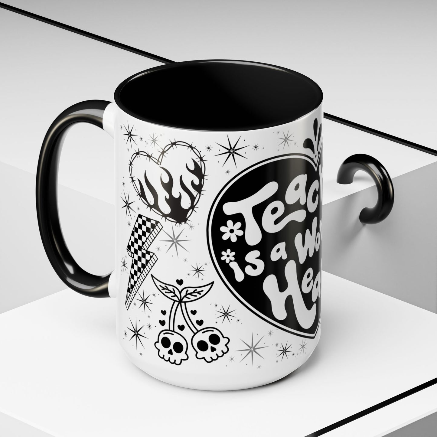 Teaching is a Work of Heart Coffee Mug - Black & White Accent Mug for Educators