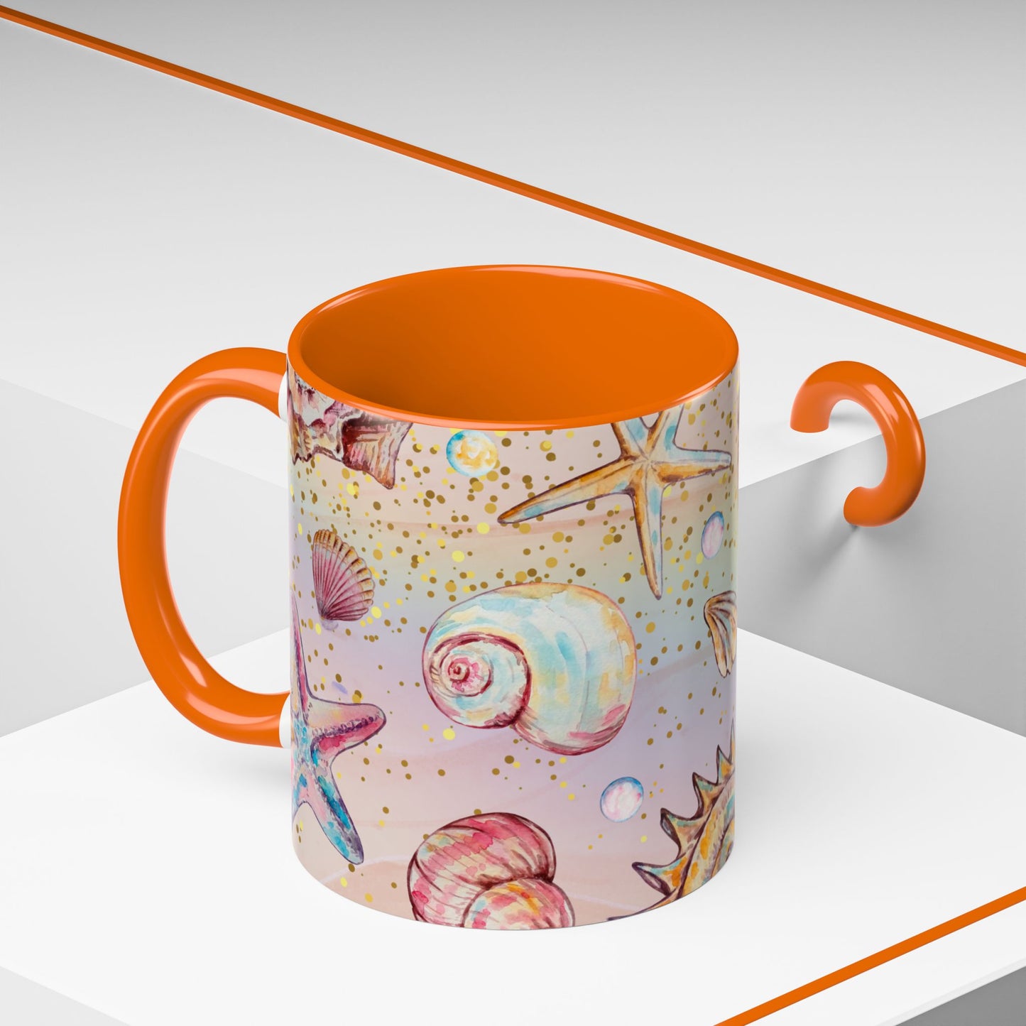 Beach-Themed Accent Coffee Mug - Vibrant Shells and Stars Design