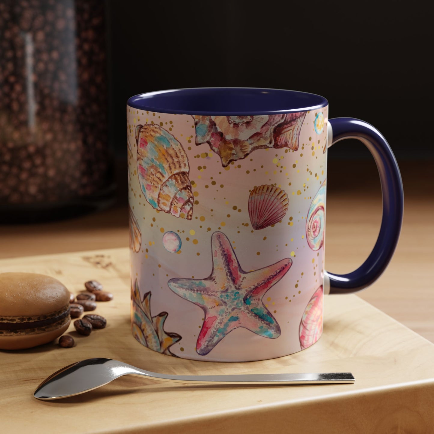 Beach-Themed Accent Coffee Mug - Vibrant Shells and Stars Design