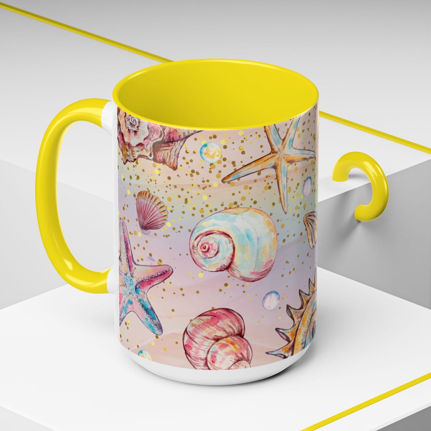 Beach-Themed Accent Coffee Mug - Vibrant Shells and Stars Design