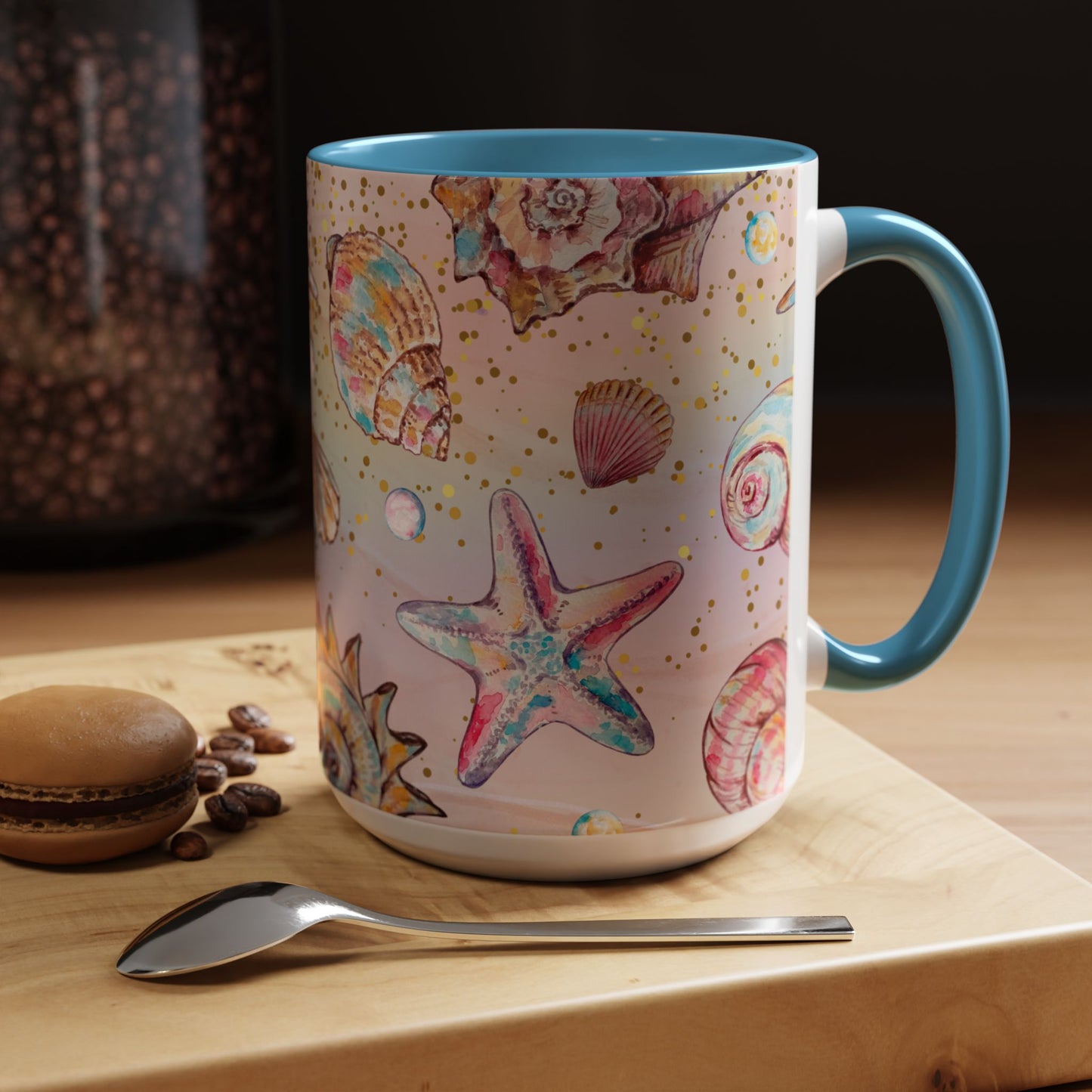 Beach-Themed Accent Coffee Mug - Vibrant Shells and Stars Design