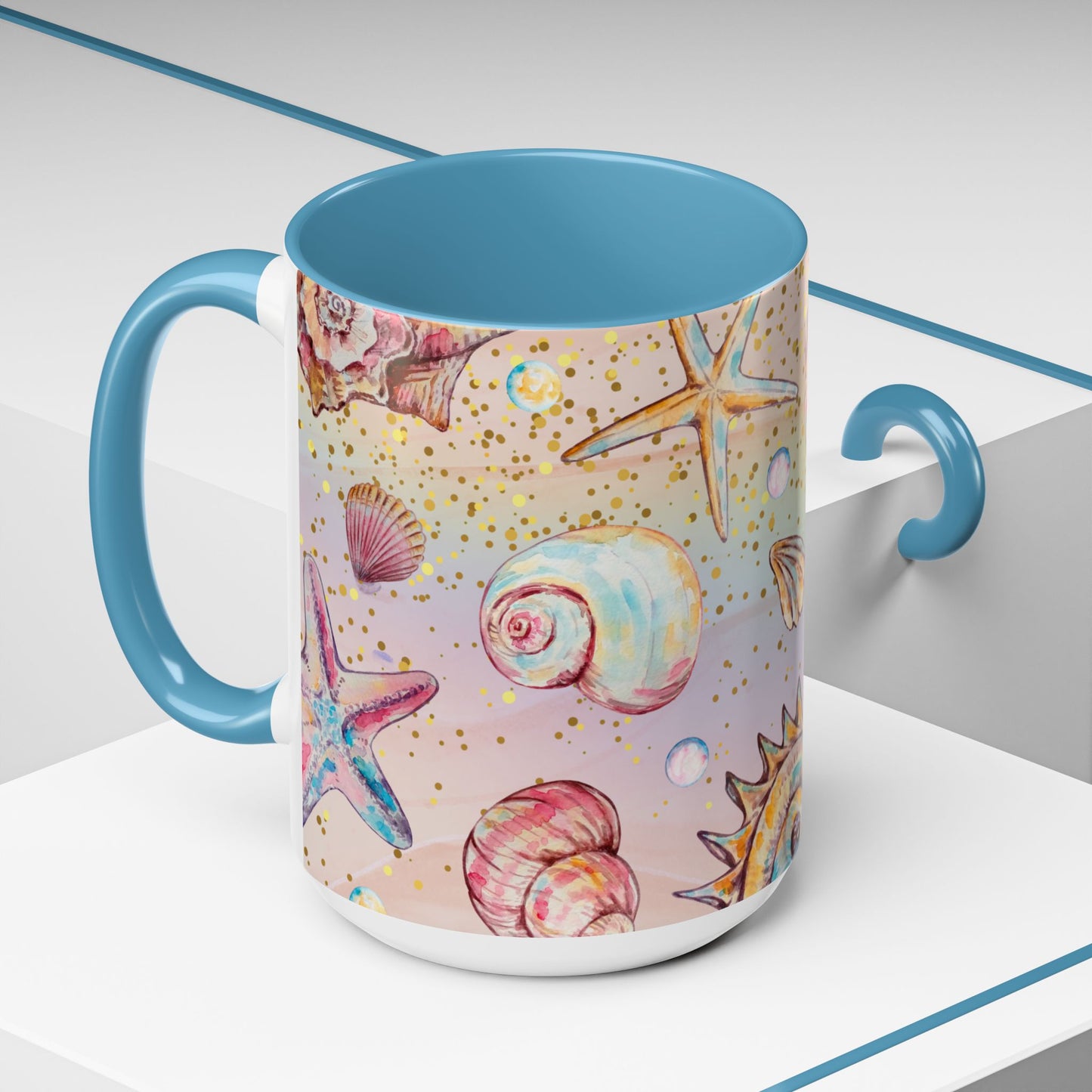 Beach-Themed Accent Coffee Mug - Vibrant Shells and Stars Design