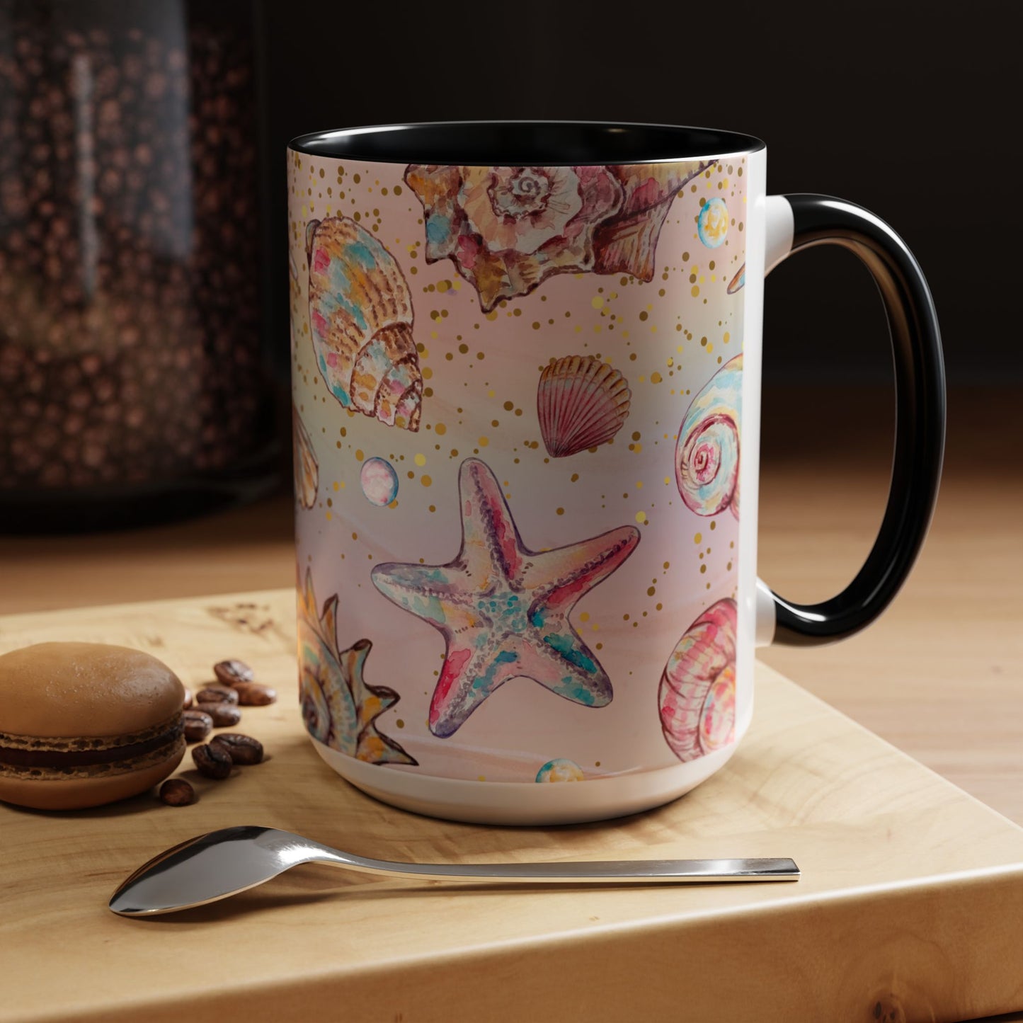 Beach-Themed Accent Coffee Mug - Vibrant Shells and Stars Design