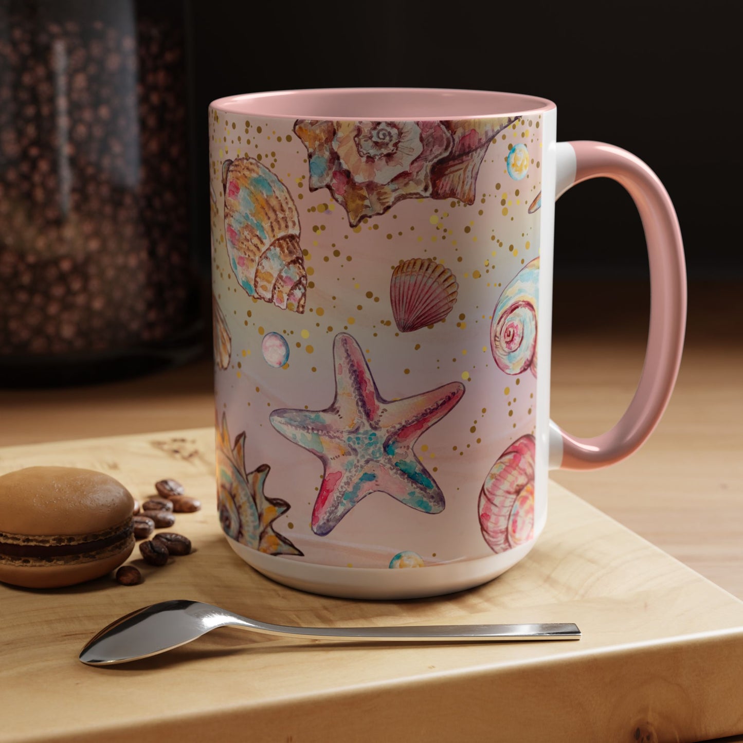 Beach-Themed Accent Coffee Mug - Vibrant Shells and Stars Design