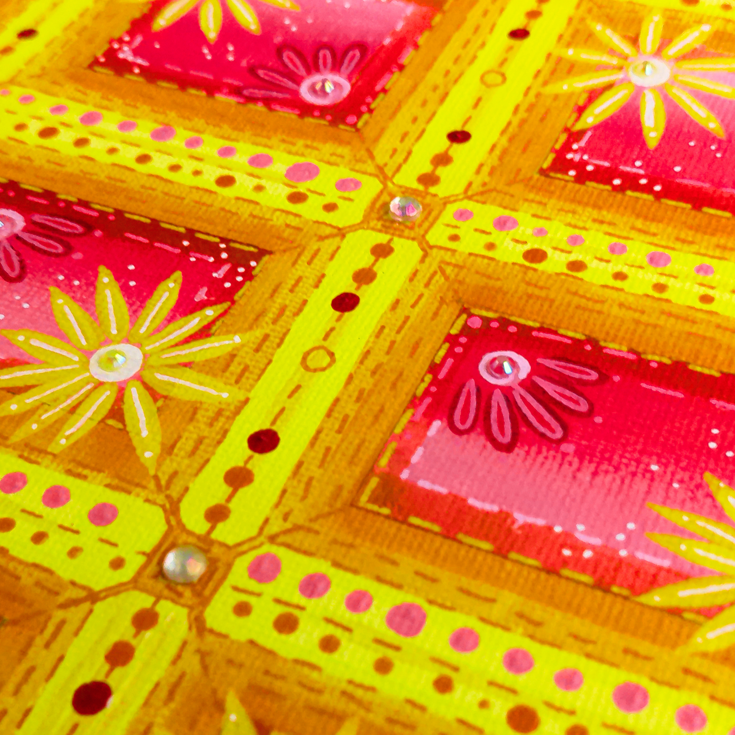 "Sunset Stitches" – 8x10 Hand-Painted Acrylic Canvas Wall Art in Warm Sunset Hues, Quilted Floral Pattern