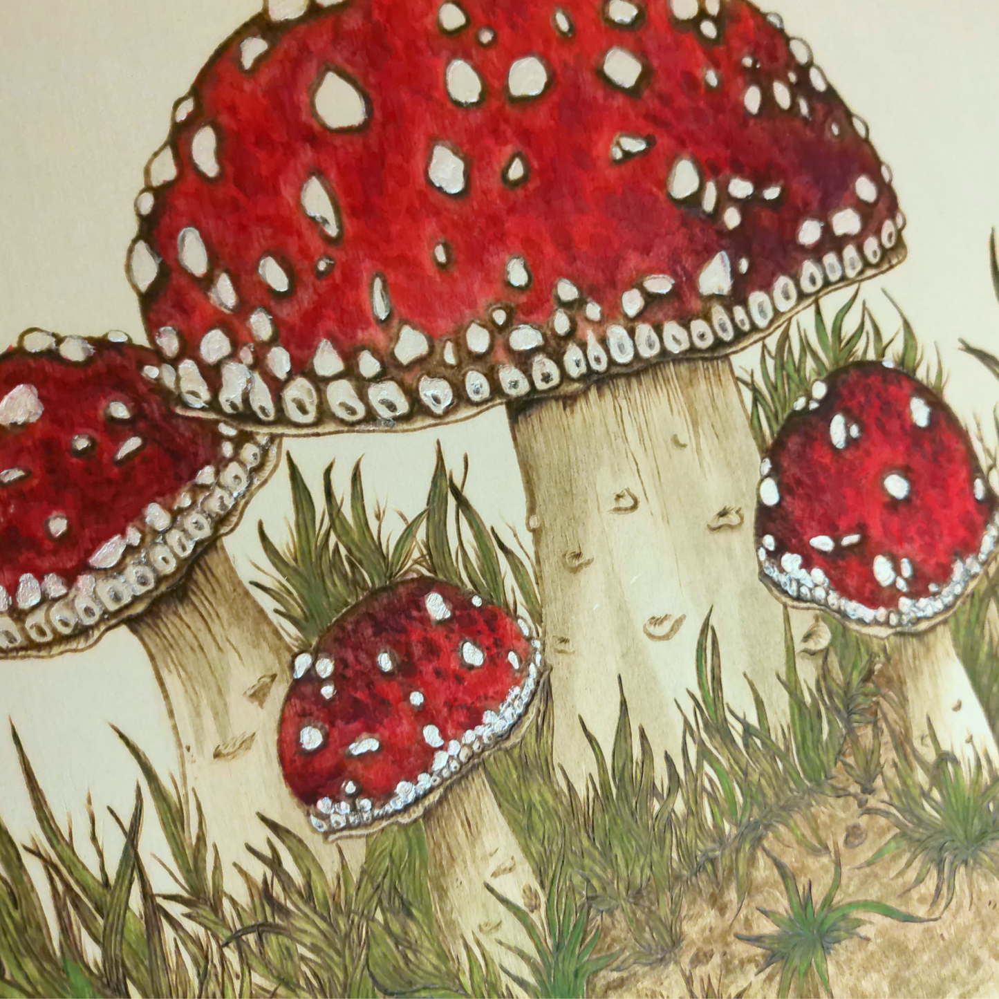 Amanita Muscaria Mushroom Art on Wood – 11.75" Hand-Burned & Watercolor Painted Wall Decor with Shimmer Accents