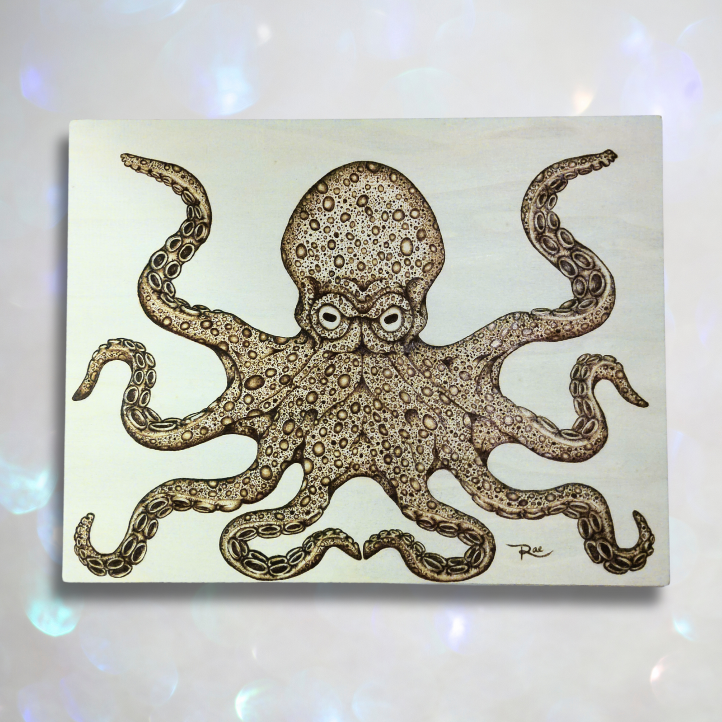 Wood Burned Octopus Art – 10" x 12.875" Nautical Pyrography on Natural Wood Panel