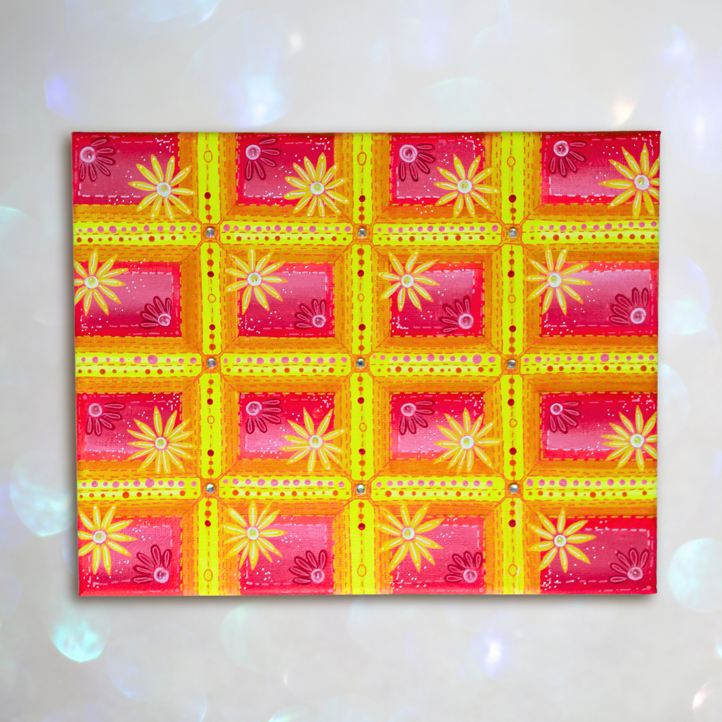 "Sunset Stitches" – 8x10 Hand-Painted Acrylic Canvas Wall Art in Warm Sunset Hues, Quilted Floral Pattern