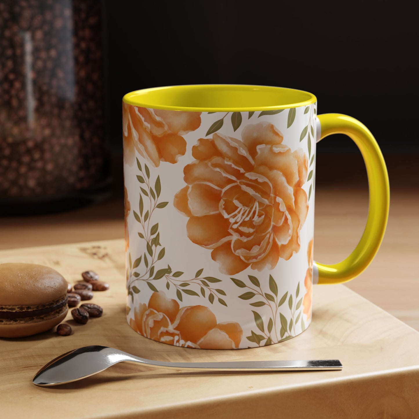 Floral Accent Coffee Mug - Elegant Orange Floral Design (11oz, 15oz)
