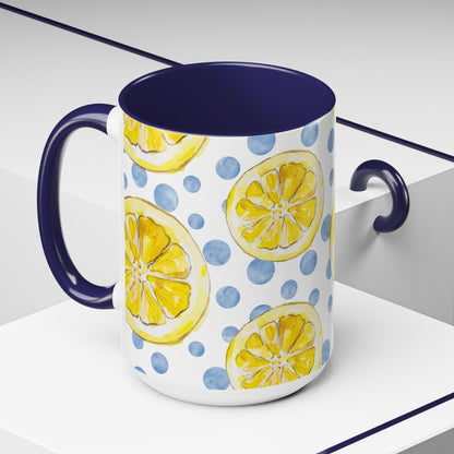 Cute Coffee Mug- Watercolor Lemons/Blue Polka Dots- Summer Vibes