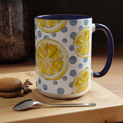 Cute Coffee Mug- Watercolor Lemons/Blue Polka Dots- Summer Vibes