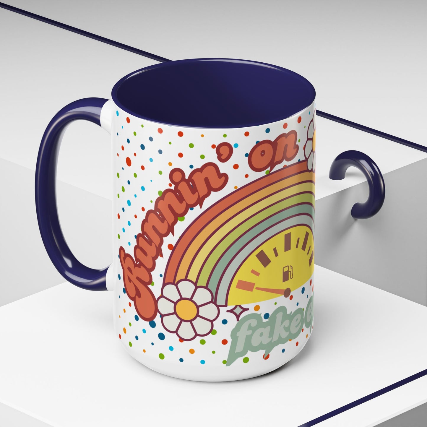 Colorful Rainbow Coffee Mug - 'Runnin' on Fumes & Fake Enthusiasm'