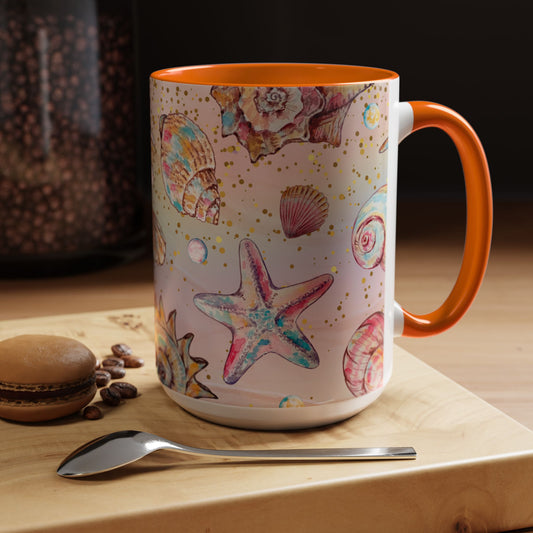 Beach-Themed Accent Coffee Mug - Vibrant Shells and Stars Design