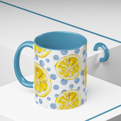Cute Coffee Mug- Watercolor Lemons/Blue Polka Dots- Summer Vibes