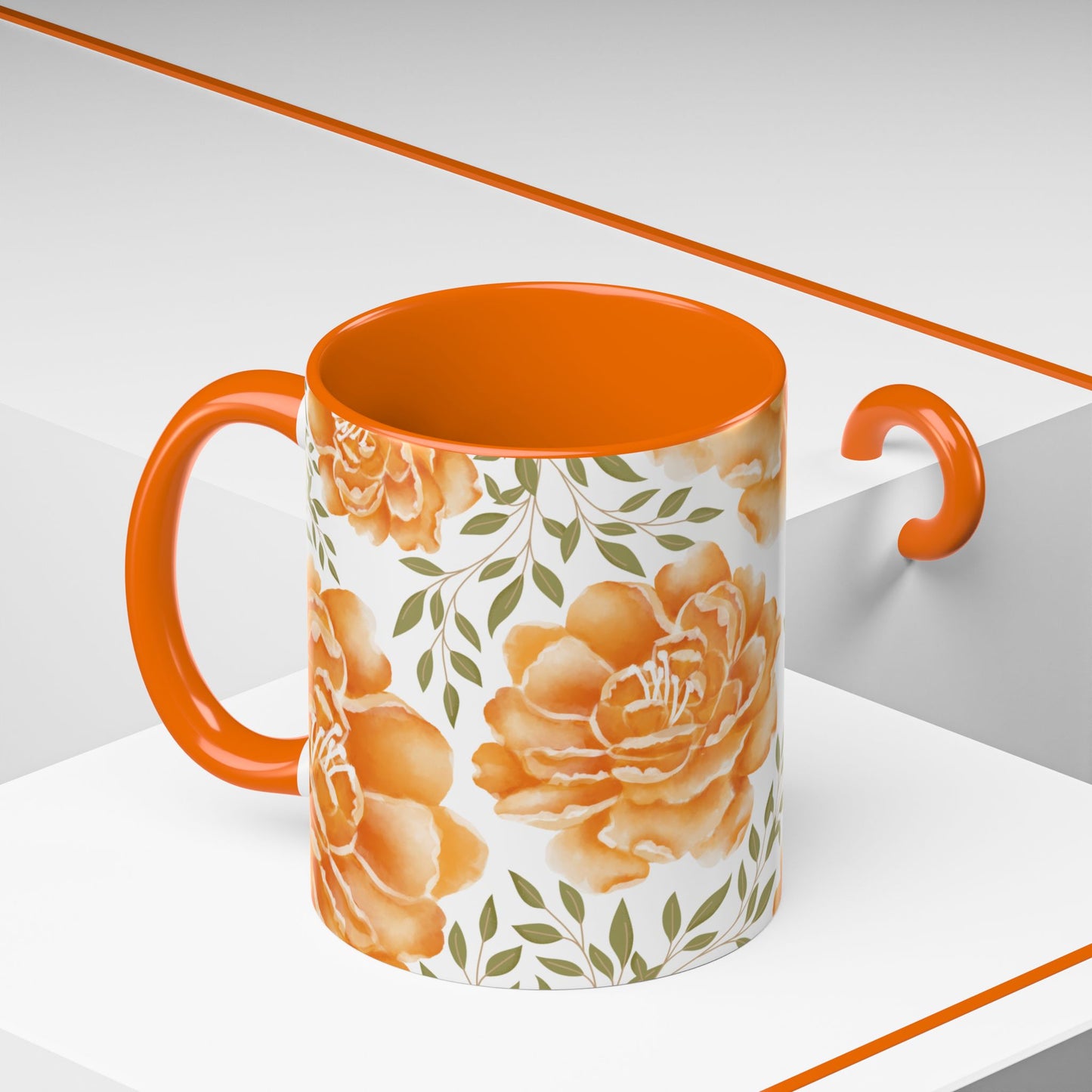 Floral Accent Coffee Mug - Elegant Orange Floral Design (11oz, 15oz)
