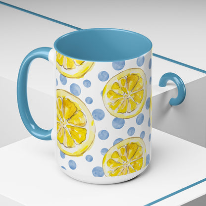 Cute Coffee Mug- Watercolor Lemons/Blue Polka Dots- Summer Vibes