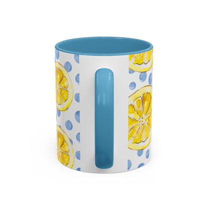 Cute Coffee Mug- Watercolor Lemons/Blue Polka Dots- Summer Vibes