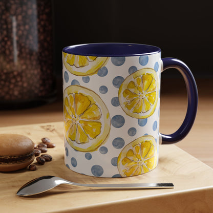Cute Coffee Mug- Watercolor Lemons/Blue Polka Dots- Summer Vibes