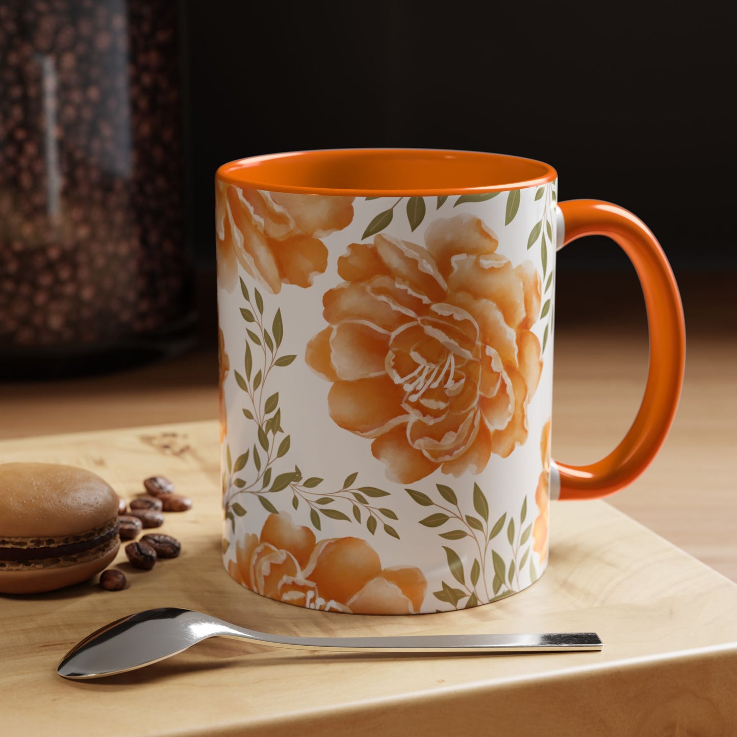 Floral Accent Coffee Mug - Elegant Orange Floral Design (11oz, 15oz)