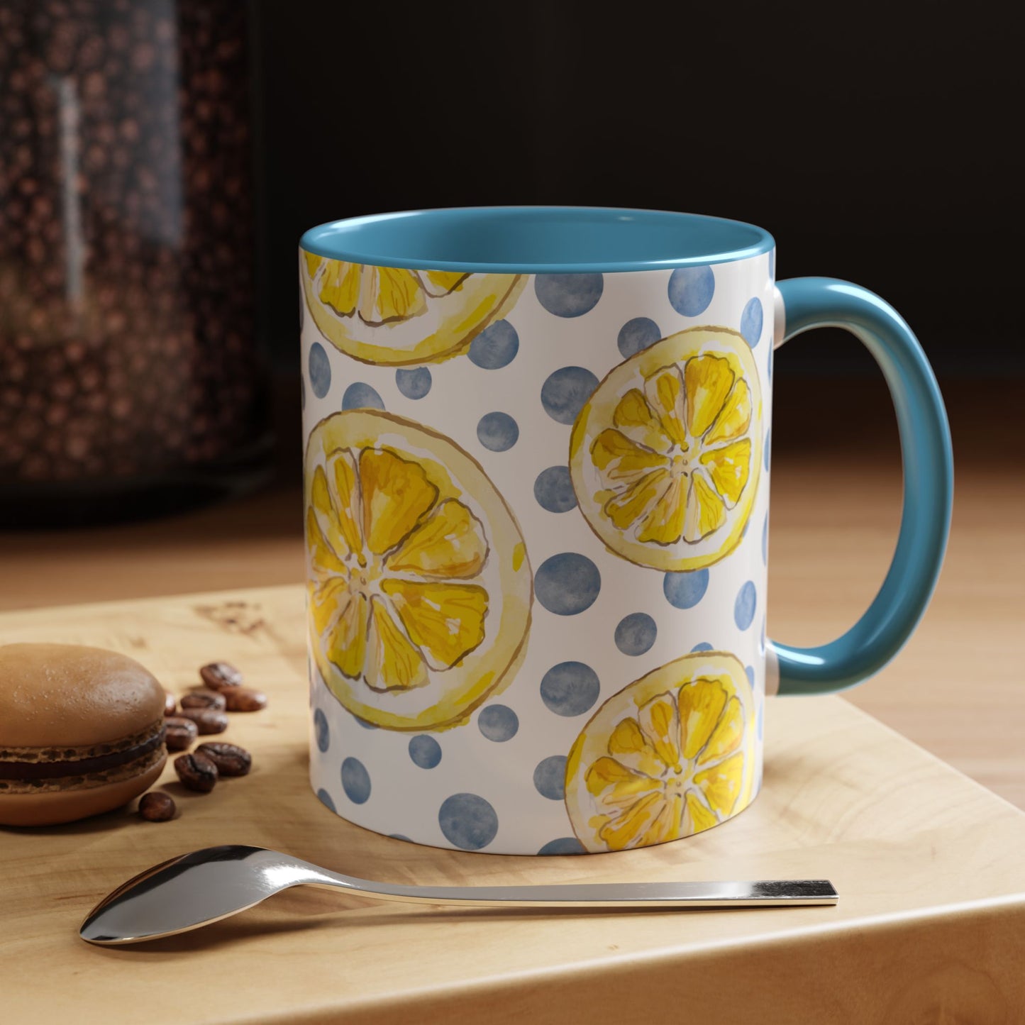 Cute Coffee Mug- Watercolor Lemons/Blue Polka Dots- Summer Vibes