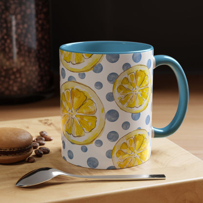 Cute Coffee Mug- Watercolor Lemons/Blue Polka Dots- Summer Vibes