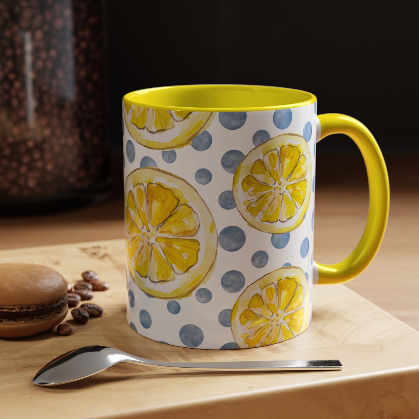 Cute Coffee Mug- Watercolor Lemons/Blue Polka Dots- Summer Vibes
