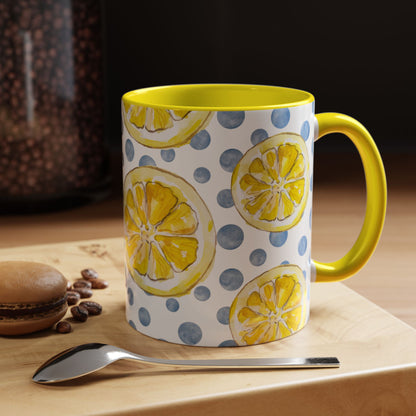 Cute Coffee Mug- Watercolor Lemons/Blue Polka Dots- Summer Vibes