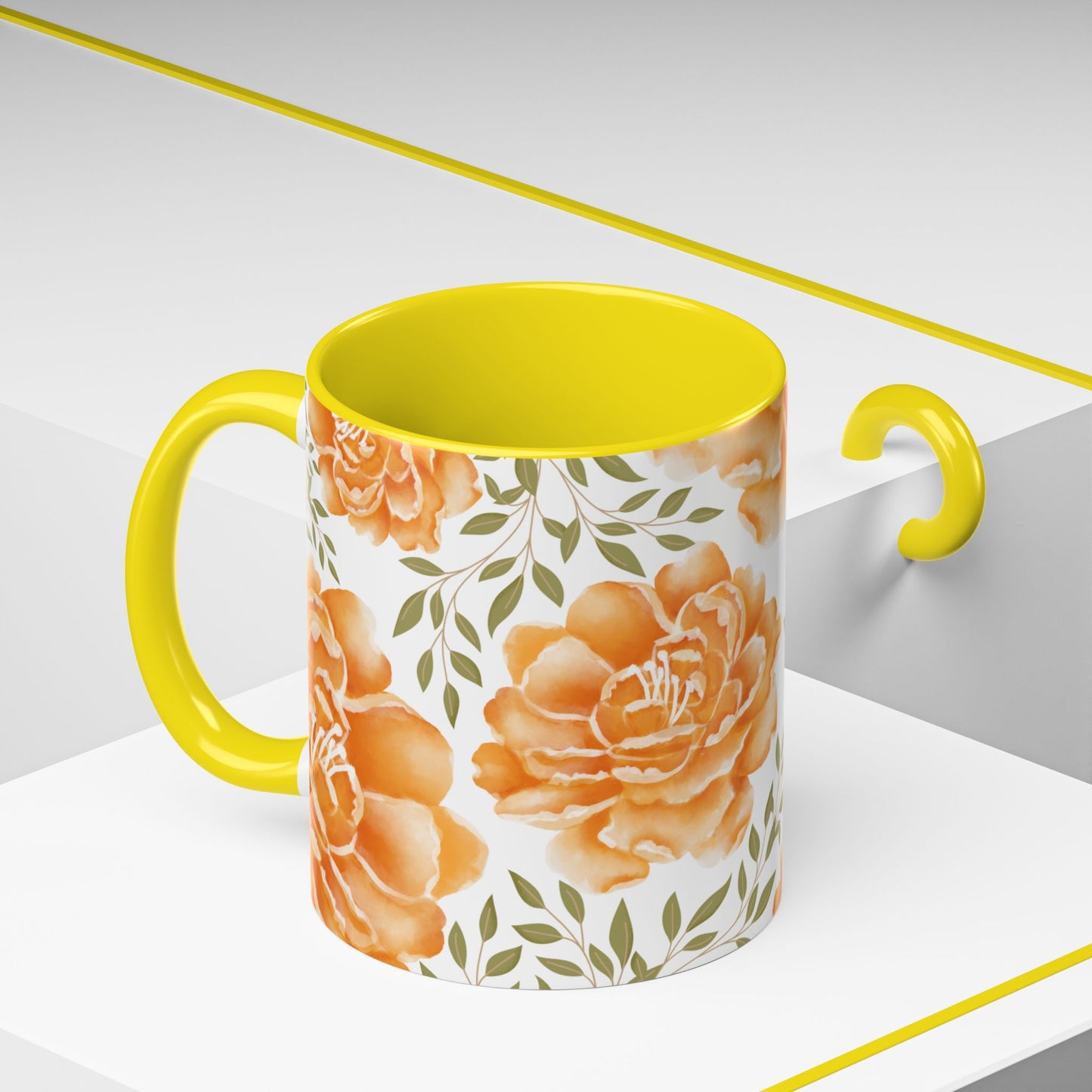 Floral Accent Coffee Mug - Elegant Orange Floral Design (11oz, 15oz)